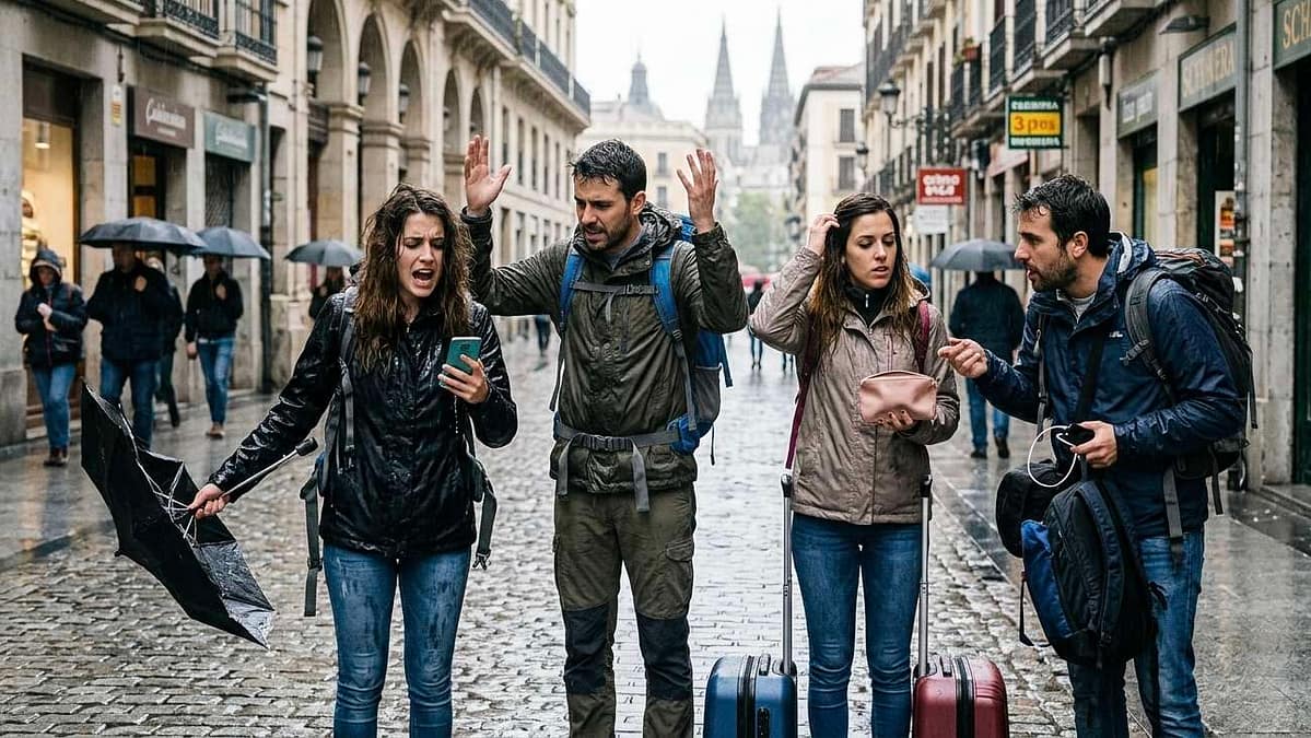 Grupo de cuatro amigos perdidos y discutiendo bajo la lluvia en una calle europea, representando conflictos de convivencia al viajar.