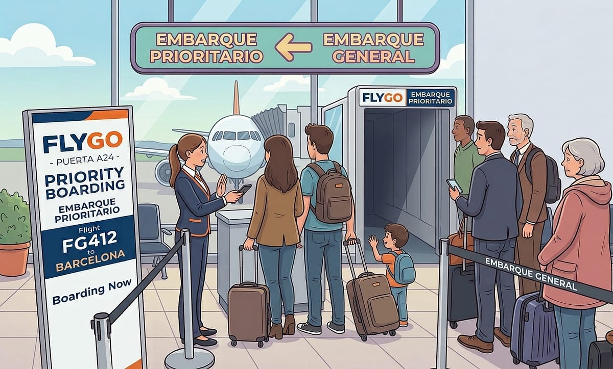 Ilustración del proceso de embarque prioritario en un aeropuerto con una familia accediendo primero al avión y la fila del embarque general esperando su turno.