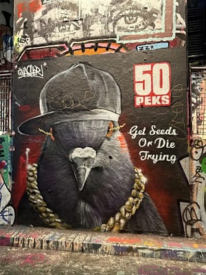 Graffiti en homenaje a 50 Cent convertido en paloma Graffiti de una paloma en Leake Street referenciando a 50 Cent