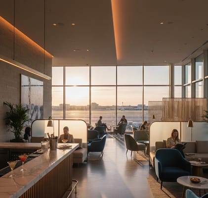 Guía de acceso a Salas VIP y Lounges de aeropuertos Interior de una Sala VIP de aeropuerto, con sillones cómodos y grandes ventanales