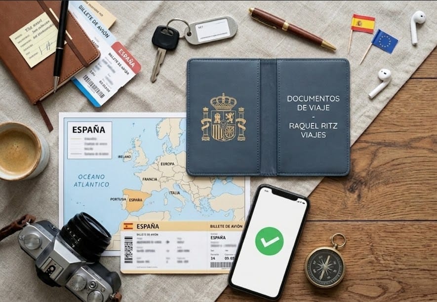 Documentación necesaria para viajar: pasaporte, mapa y móvil con trámites de visado.