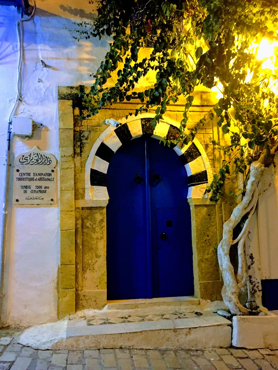 Puerta tradicional de Sidi Bou Said iluminada por la noche, rodeada de buganvillas en flor