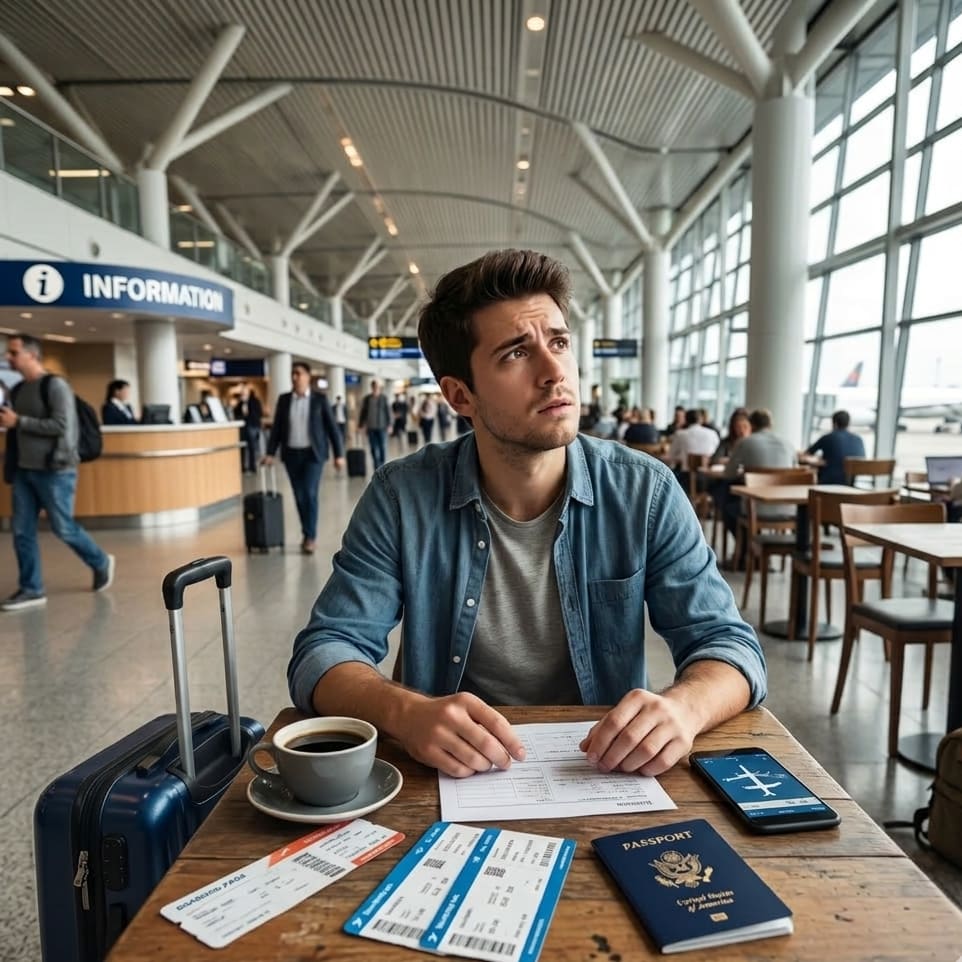 Guía completa sobre vuelos Self-Transfer: Riesgos y Consejo Viajero estresado en aeropuerto con dos tarjetas de embarque independientes, maleta de mano y pasaporte sobre mesa, mirando panel de vuelos para un self-transfer.