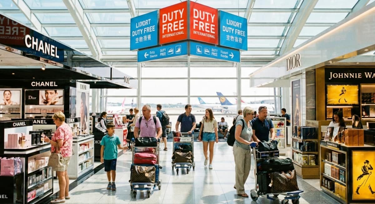 Zona de alcohol y perfumes en duty free del aeropuerto Tienda duty free en aeropuerto con pasillo central, perfumes y botellas de alcohol a ambos lados