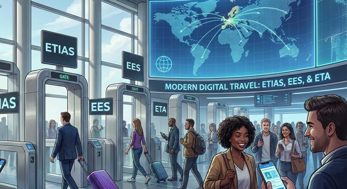 El nuevo sistema de fronteras digitales en Europa y el Reino Unido. Terminal de aeropuerto con puertas de control biométrico señalizadas para los sistemas ETIAS, EES y ETA
