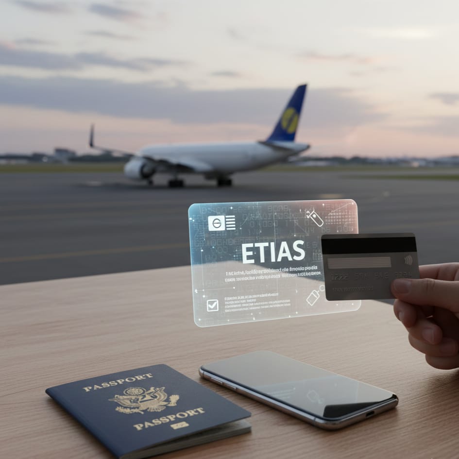 Guía completa del ETIAS para viajar a Europa Imagen aeropuerto con pasaporte y mapa de ETIAS