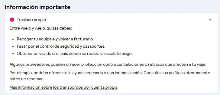 Advertencia de seguridad en vuelos independientes Cuadro de advertencia sobre las condiciones de un viaje con autotransbordo y la responsabilidad del pasajero.