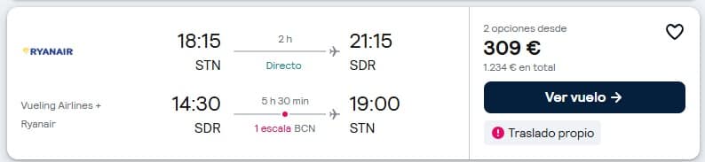 Cómo identifica Skyscanner un vuelo con self-transfer Ejemplo de aviso de transbordo por cuenta propia en Skyscanner entre vuelos de Ryanair
