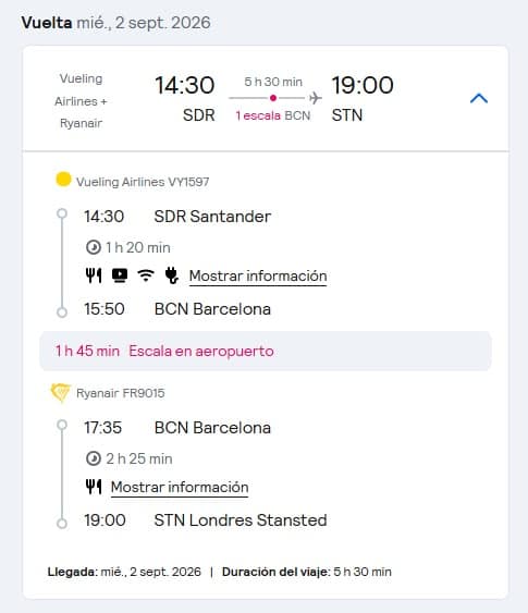 Ejemplo de vuelo de bajo coste con conexión no protegida Detalle de un itinerario de vuelo de Ryanair que requiere gestión de escala por cuenta propia.